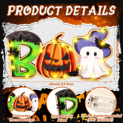 5x10in Lighted BOO Halloween Sign, Battery-Operated LED Pumpkin & Ghost Table Decor