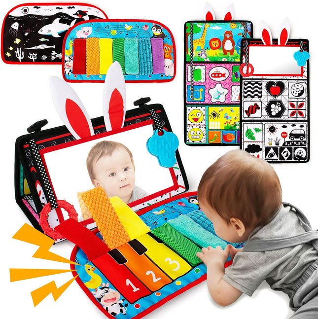 Tummy Time Baby Mirror Toy – Black & White Sensory Piano with Squeaker