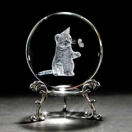 3D Cat Crystal Ball – 60mm Laser Engraved Glass Kitty with Stand, Gift for Women