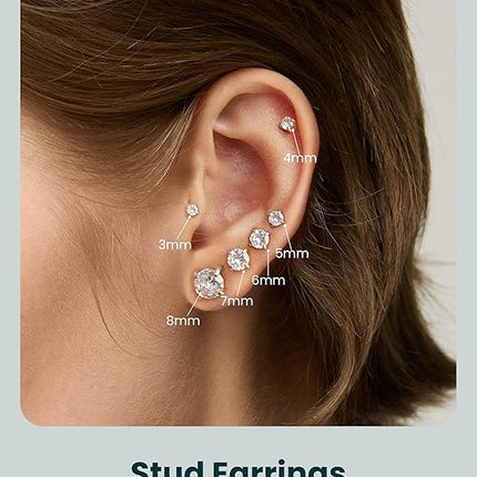 6 Pairs Stud Earrings Set – Hypoallergenic CZ, 316L Stainless Steel, 3-8mm