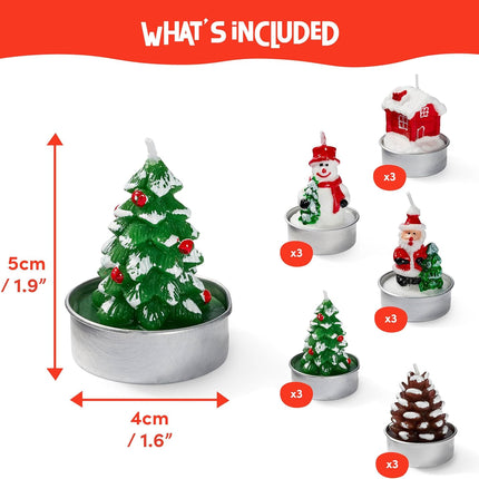 Christmas Tea Light Candles, Mini Unscented Set of 5 with Xmas Tree, Santa, Snowman, Pinecone Designs