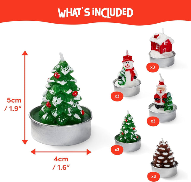 Christmas Tea Light Candles, Mini Unscented Set of 5 with Xmas Tree, Santa, Snowman, Pinecone Designs