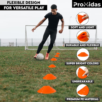 ProMidas Disc Soccer Cones for Training, Flexible Plastic Sports Markers with Mesh Bag