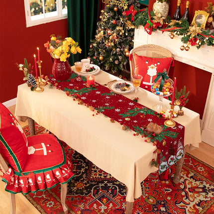 Christmas Red Table Runner – 72" Cotton Linen Gnomes & Cardinals Decor