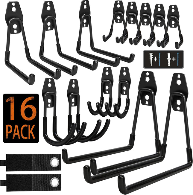 16-Pack Steel Garage Storage Hooks – Heavy Duty Anti-Slip Wall Mount