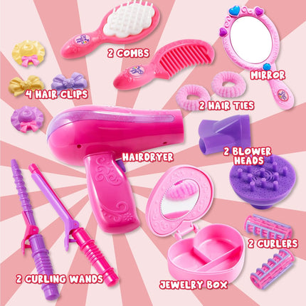17-Piece Girls Beauty Salon Set – Pretend Play Hair Stylist Kit with Hairdryer & Accessories