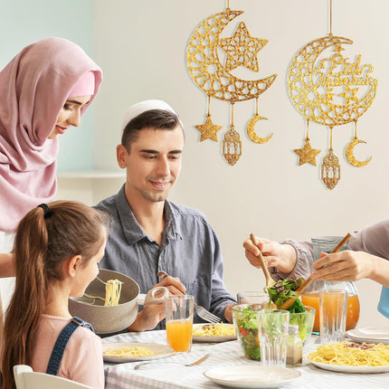 2PCS Eid Mubarak Wooden Door Signs Hollow Moon & Stars Ramadan Decor