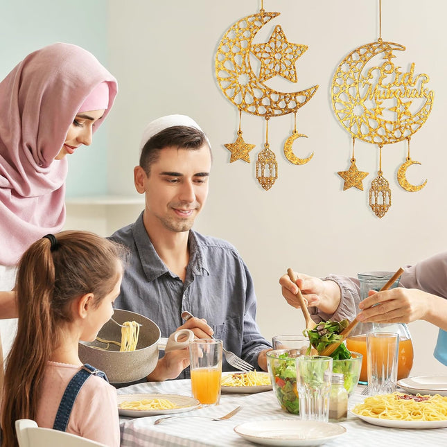 2PCS Eid Mubarak Wooden Door Signs Hollow Moon & Stars Ramadan Decor