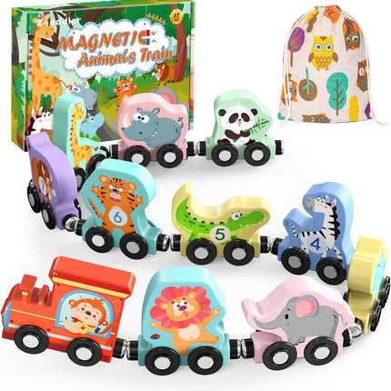 11pc Magnetic Wooden Animal Train Set Montessori Toy for Toddlers
