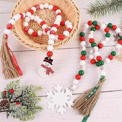 2 PCS Christmas Wooden Bead Garland – Red Green Beads with Snowman Tags