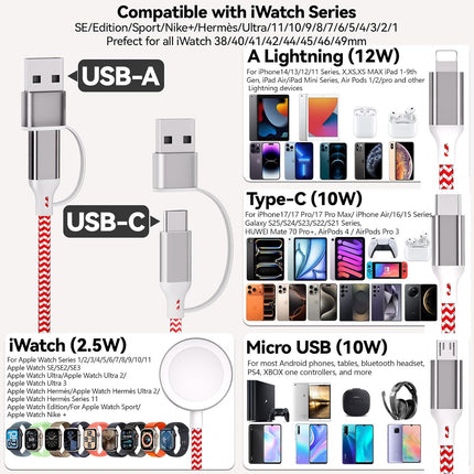 2-Pack 6FT Fast Charging Cable – USB A/C to iWatch, Lightning, Type-C, Micro