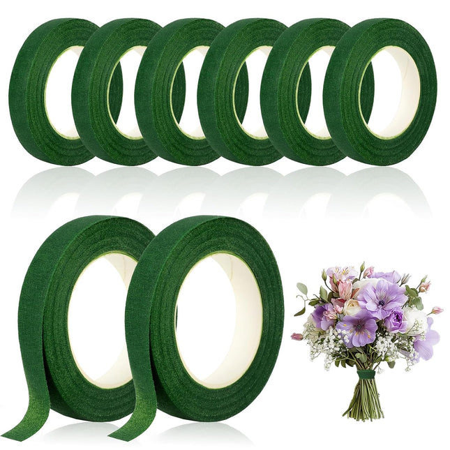 8 Rolls Green Floral Tape, 1/2 Inch x 30 Yards Florist Stem Wrap for Flower Bouquets