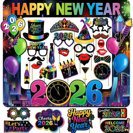 31-Piece New Year 2026 Photo Booth Props – Colorful NYE Party Decorations