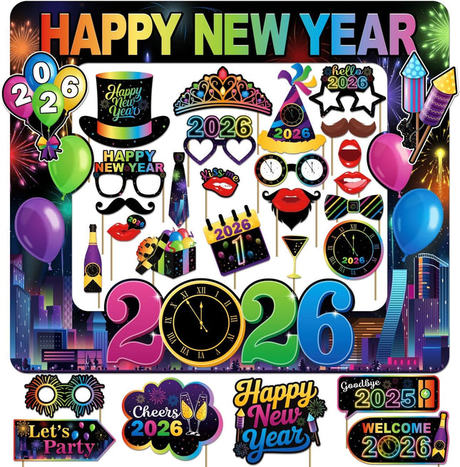 31-Piece New Year 2026 Photo Booth Props – Colorful NYE Party Decorations