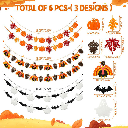 6-Piece Fall Thanksgiving & Halloween Felt Garland, Pumpkin Leaves Turkey Ghost Decor