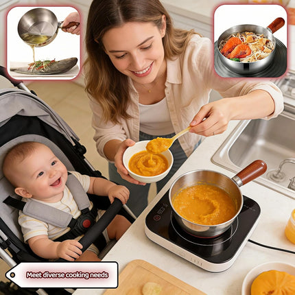 800ml/27oz 316 Stainless Steel Saucepan, Wood Handle, Induction Compatible