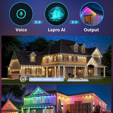 Smart AI Outdoor Lights 150ft, RGB+IC+White, App Control, WiFi/Bluetooth, No Remote