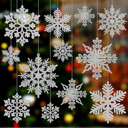 52-Piece Silver Glitter Snowflake Christmas Ornaments for Festive Decorating