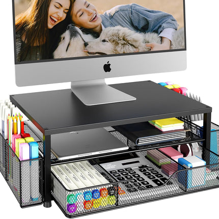 2-Tier Desk Organizer – Monitor Stand Riser with Drawer & Pen Holders, Black