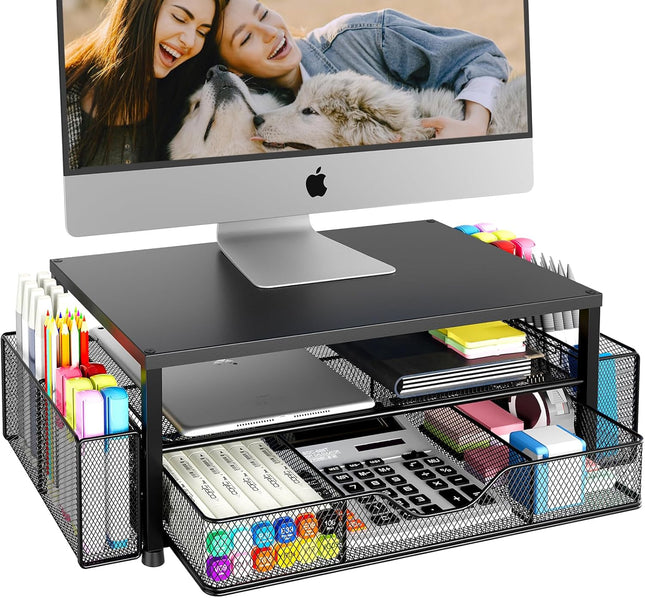 2-Tier Desk Organizer – Monitor Stand Riser with Drawer & Pen Holders, Black