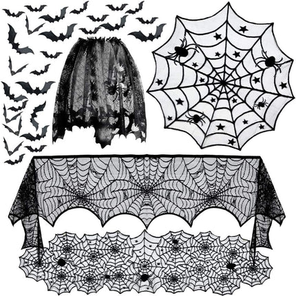 5-Piece Halloween Spiderweb Decor Set, Lace Table Runner, Mantel Scarf & 3D Bats