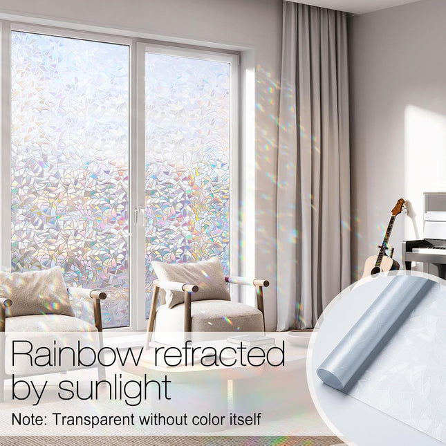 Rainbow Window Privacy Film – 3D Stained Glass Cling, Non-Adhesive, Heat Control