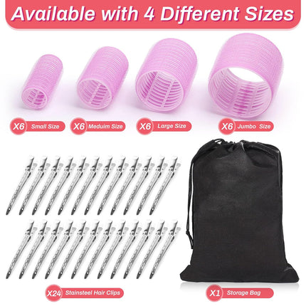 48PCS Hair Rollers Set, 24 Curlers & 24 Clips, Jumbo to Small Sizes for All Hair Lengths, Purple