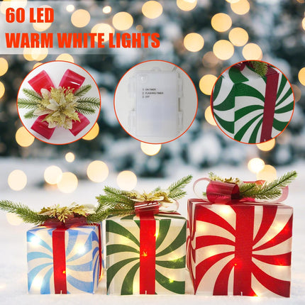 3 Christmas Lighted Gift Boxes 60 LED Lights with Red Bow Holiday Decor & Gift Wrapping