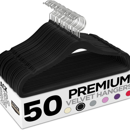 50-Pack Velvet Hangers – Non-Slip Slim Clothes Hangers with Pants Bar, Black
