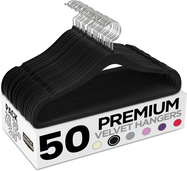 50-Pack Velvet Hangers – Non-Slip Slim Clothes Hangers with Pants Bar, Black