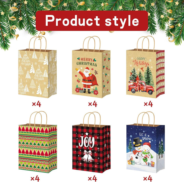 24-Pack Kraft Christmas Gift Bags with Handles – 10" Medium Paper Bags for Holiday Wrapping