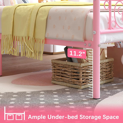 Pink Twin Metal Bed Frame Headboard, Heavy-Duty Steel Slats and 11.2-Inch Underbed Storage