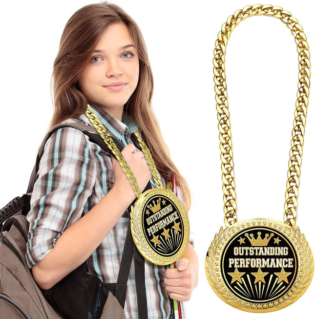 Large 6 Inch Gold Outstanding Performance Medal with Chain, Champion Award Trophy