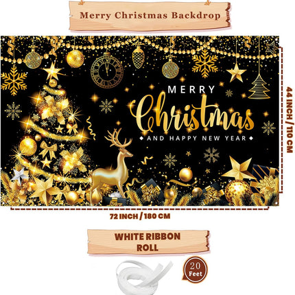 Black Gold Christmas & New Year Banner – 71x43in Party Decoration