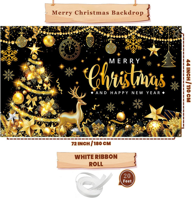 Black Gold Christmas & New Year Banner – 71x43in Party Decoration