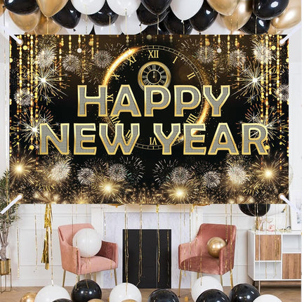 Happy New Year Party Banner – Black Fabric Firework Wall Decor