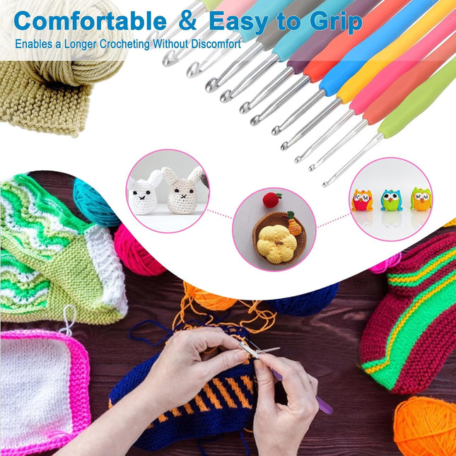 12 Sizes Ergonomic Crochet Hooks Set, 2.0-8.0mm Soft Grip Colorful Crochet Needles