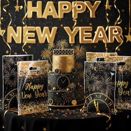 12-Piece NYE Party Favor Bags – Black & Gold Happy New Year Gift Bags