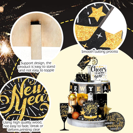 14 PCS Happy New Year Tiered Tray Decor 2026 Rustic Star & Hat Decorations