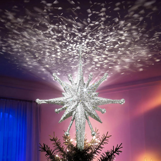 Christmas Tree Topper Projector 2025 – Bright Rotating LED, Glitter Star