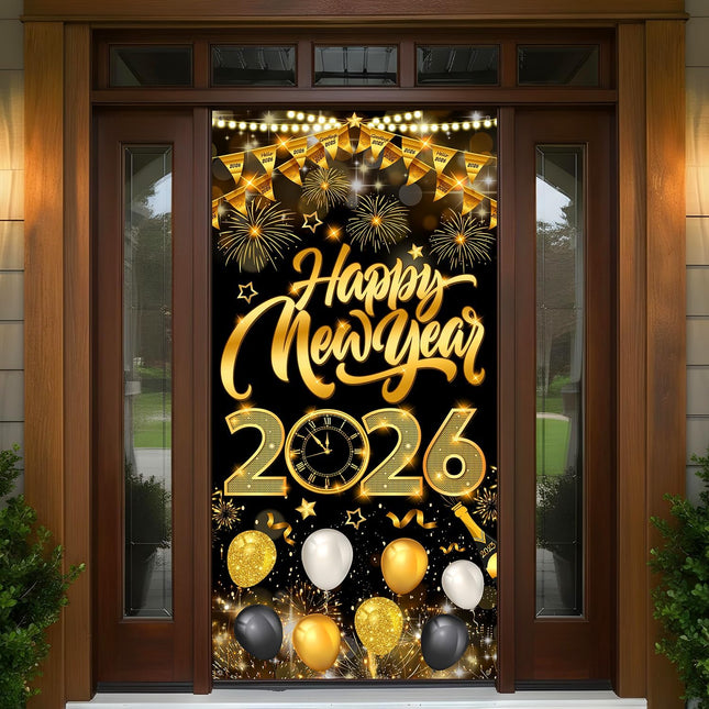 Happy New Year 2026 Door Cover – Black & Gold NYE Party Decoration