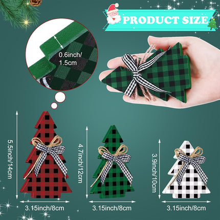 3PCS Rustic Wooden Christmas Tree Table Decor Farmhouse Buffalo Plaid