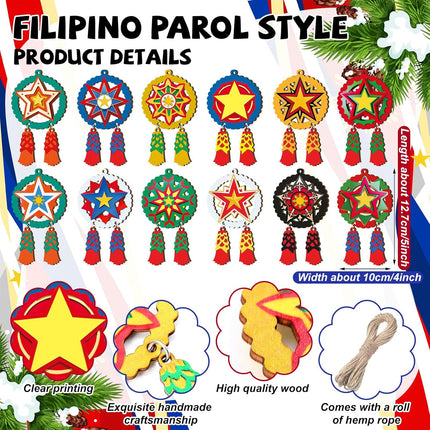 24PCS Mini Parol Ornaments Wooden Philippine Christmas Tree Hanging Decorations
