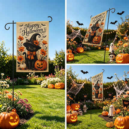 Happy Halloween Witch Black Cat Garden Flag 12x18in, Double-Sided Pumpkin Yard Decor