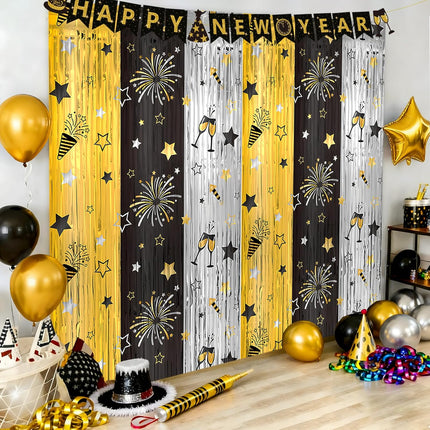 New Year 2026 Party Decorations – 2-Pc Metallic Tinsel Foil Fringe Curtains