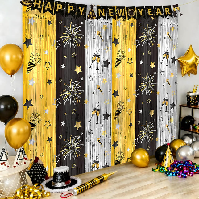 New Year 2026 Party Decorations – 2-Pc Metallic Tinsel Foil Fringe Curtains