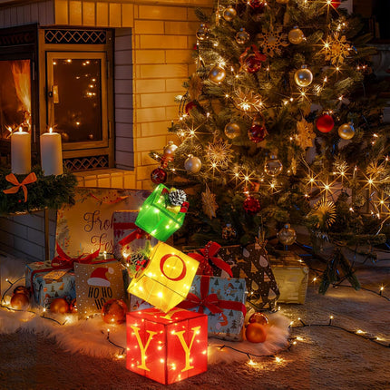 3PCS Lighted Christmas Nesting Boxes – JOY Gift Box Set, 2.6FT, Battery Operated