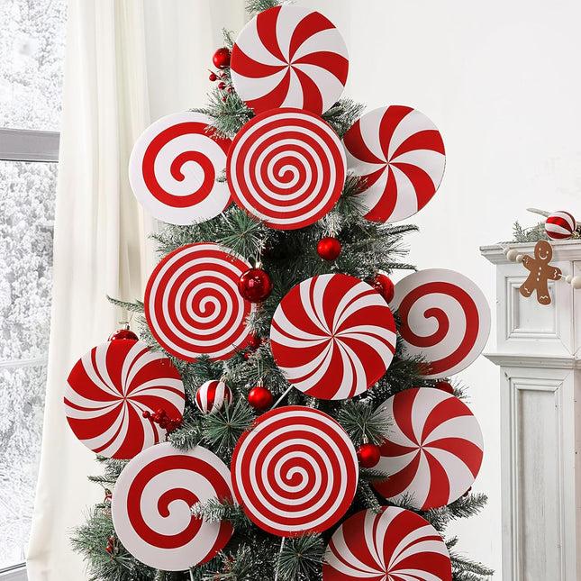 12 Candy Christmas Tree Picks – Red & White Peppermint Lollipop Decorations