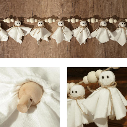 White Ghost Halloween Garland with Wood Beads, Cute Banner for Wall, Mantel & Door