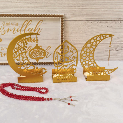 3 Pcs Gold Metal Ramadan Decor: Eid Mubarak Sign, Lantern & Crescent Candle Holders